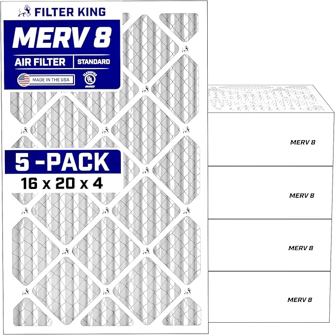 Filter King 16x20x4 Air Filter (MERV 8) (5-Pack) Dust & Allergy Control AC Furnace Filters, MADE IN USA, HVAC, Pleated, Electrostatic (Actual Size: 15.5 x 19.5 x 3.75)