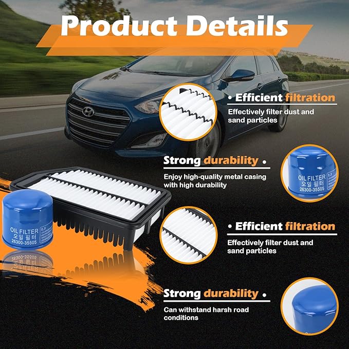 Kefly 28113-3X000 Engine Air Filter & 26300-35505 Oil Filter Fits for 2011-2016 Hyundai Elantra, 2014-2018 Kia Forte