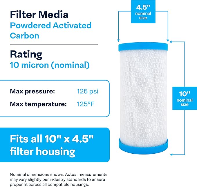 SpiroPure SP-EPM-BB 10x4.5 10 Micron NSF Certified Coconut Shell Carbon Block Water Filter Cartridge EPM-BB 155782-43 CB-45-1010 (Case of 6)