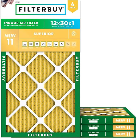 Filterbuy 12x30x1 Air Filter MERV 11 Superior Pet & Allergy Defense (4-Pack), Electrostatic Pleated HVAC AC Furnace Filters Replacement (Actual Size: 11.88 x 29.88 x 0.75)