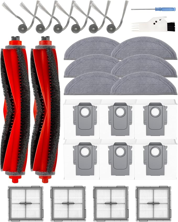 26PCS Q10 S5+ Accessories Sets for Roborock Q10 S5+/S5/X5/X5+ Robot Vacuum Cleaner, Replacement Parts Kit: 2 Main Brush 6 Side Brushes 4 HEPA Filters 6 Dust Bags 6 Mop Pads