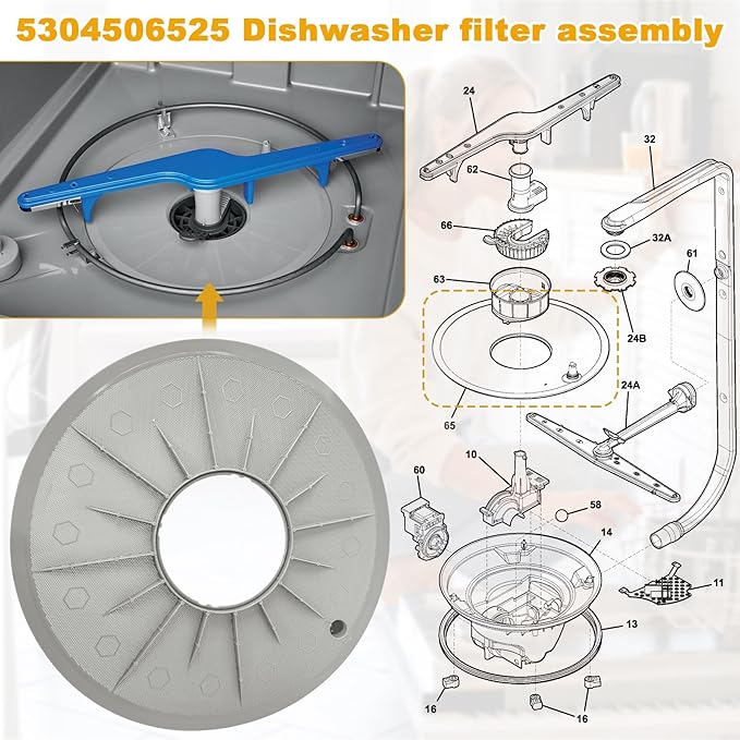 5304506525 Dishwasher Filter, Compatible with Frigidaire, Electrolux, Kenmore, Crosley, Gibson, Kelvinator, Tappan; Replacement for 154252401, AP6036340, 4456337, PS11770489, EAP11770489