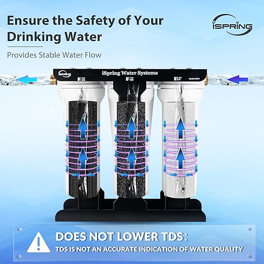iSpring 3-Stage RV Water Filter System, SGS-Tested up to 99.99% Bacteria and Viruses Removal, Reduces Chlorine, Lead, and Sediment, Leak-Free Brass Fittings, External Mounting Bracket, Model: CW31-BV