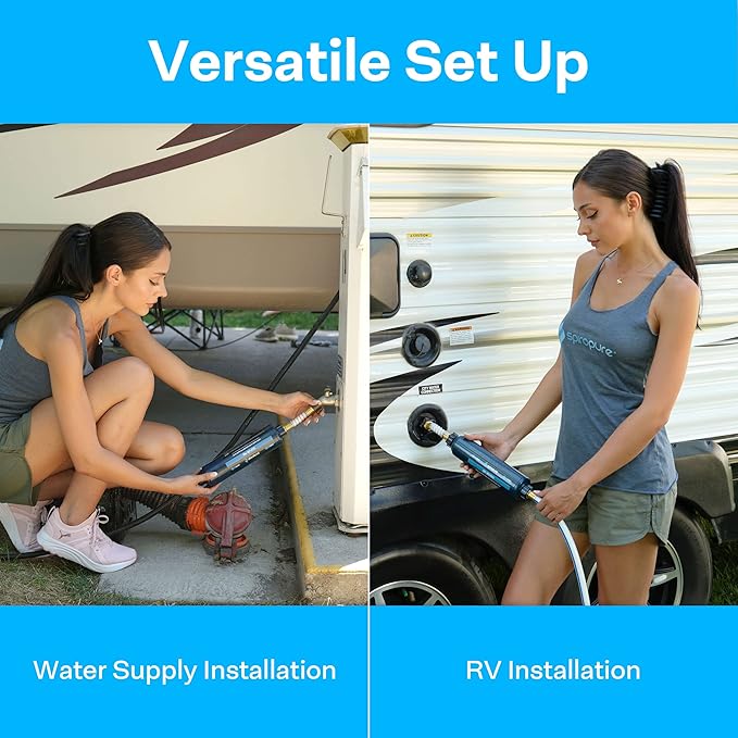 SpiroPure Multi-Stage RV Marine Inline Water Filter with Flexible Hose Protector - Sediment Carbon Hard Water Chlorine Chloramine Lead Mercury Heavy Metals PFOA PFAS