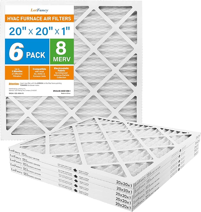 LotFancy 20x20x1 Air Filter MERV 8 6-Pack, Electrostatic Pleated Furnace & AC Filter, Captures Dust, Pet Hair, Pollen, Actual Size: 19.75"x19.75"x0.75"