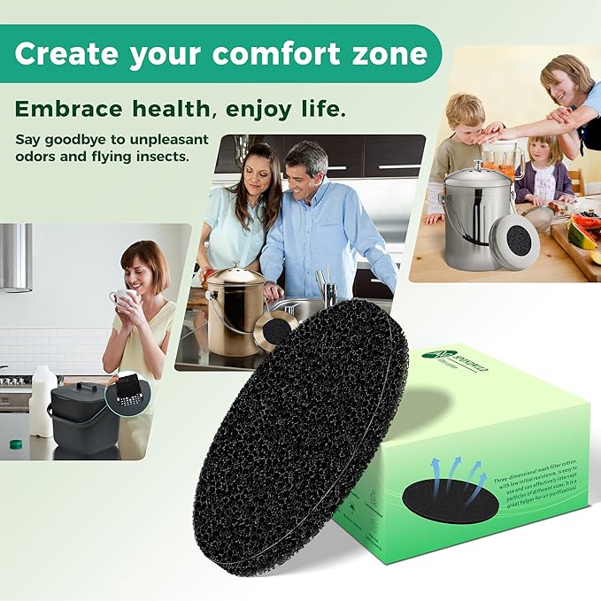 Polyurethane Activated Charcoal Filters -7 Pack 6.7 Inch Round Strong Odor Control Replacements for Kitchen and Countertop Compost Buckets/Bins