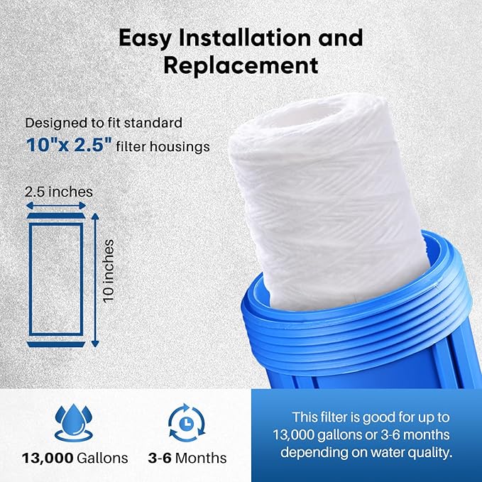 PUREPLUS 5 Micron 10"x2.5" Whole House String Wound Sediment Filter for Well Water, Replacement Cartridge for Universal 10 inch RO System, WP-5, Aqua-Pure AP110, CFS110, Culligan P5, WFPFC4002, 6Pack