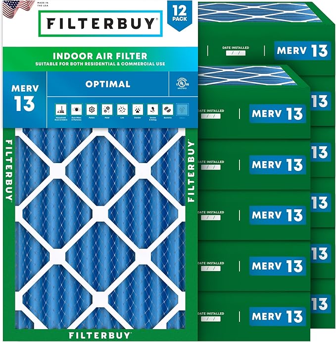Filterbuy 20x30x4 Air Filter MERV 13 Optimal Smoke & Allergy Defense (12-Pack), Electrostatic Pleated HVAC AC Furnace Filters Replacement (Actual Size: 19.50 x 29.50 x 3.63)