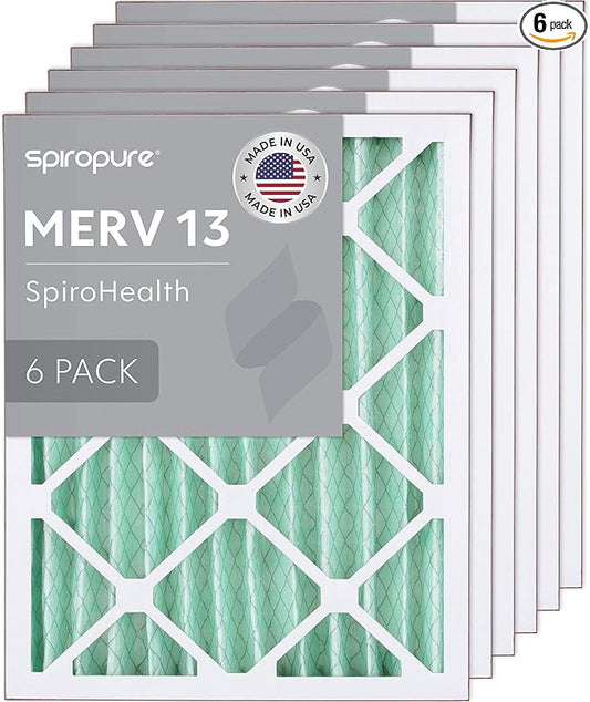 SpiroPure 14x17.5x2 MERV 13 Pleated Filter Air Filters - Made in USA (6 Pack)