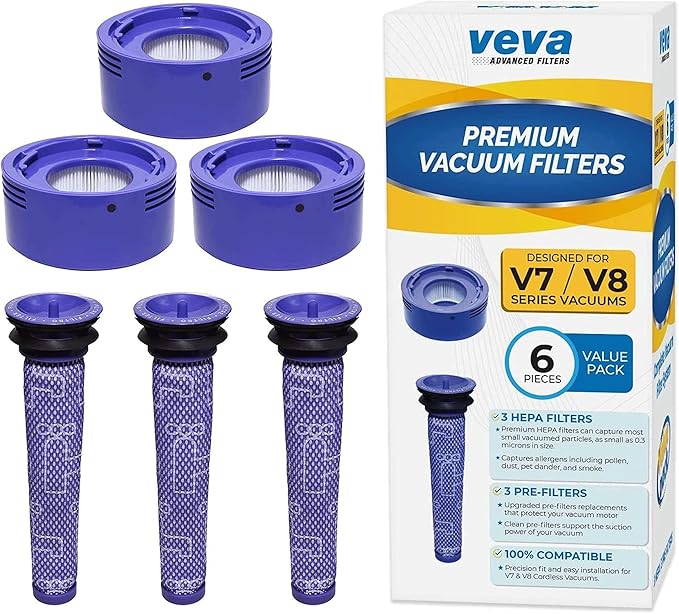 VEVA 6 Pack Premium Vacuum Filter Set with 3 Pre Filters and 3 HEPA Filters Compatible with Dyson V7 & V8 Absolute and Animal Cordless Vacuums, Part # 965661 & 967478