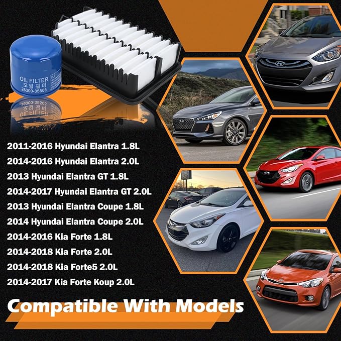Kefly 28113-3X000 Engine Air Filter & 26300-35505 Oil Filter Fits for 2011-2016 Hyundai Elantra, 2014-2018 Kia Forte