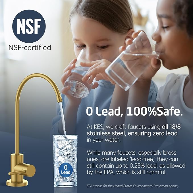 KES NSF Certified All Metal Drinking RO Water Faucet for Kitchen Sink, Lead-Free 18/8 Stainless Steel Reverse Osmosis Faucet, Water Filter Faucet for Most RO Water System, Non-Air Gap, Brushed Gold