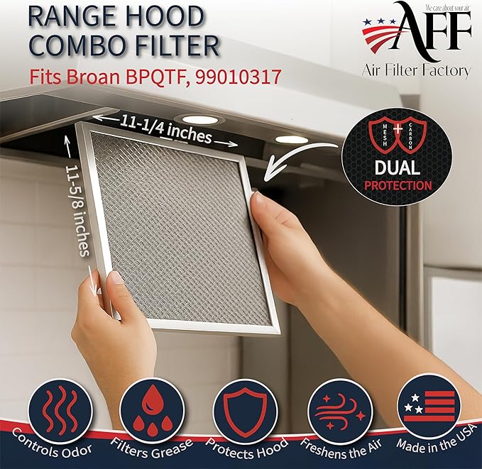 Air Filter Factory Range Hood Filter BPQTF, 99010317, QT2000, WA6500, WA65F, S99010317 Replacement For Broan Nutone Aluminum Grease Mesh Charcoal Carbon Combo Filter 11-1/4" X 11-5/8" X 3/8" 2-Pack