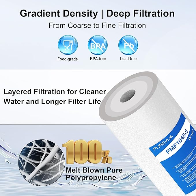 10" x 4.5" Whole House Sediment Water Filter, 5 Micron PP Melt Blown Replacement Cartridge for Well Water, Compatible with GE FXHTC, DGD-5005, RFC-BB, W15-PR, Blue/Clear Housing, 4-Pack