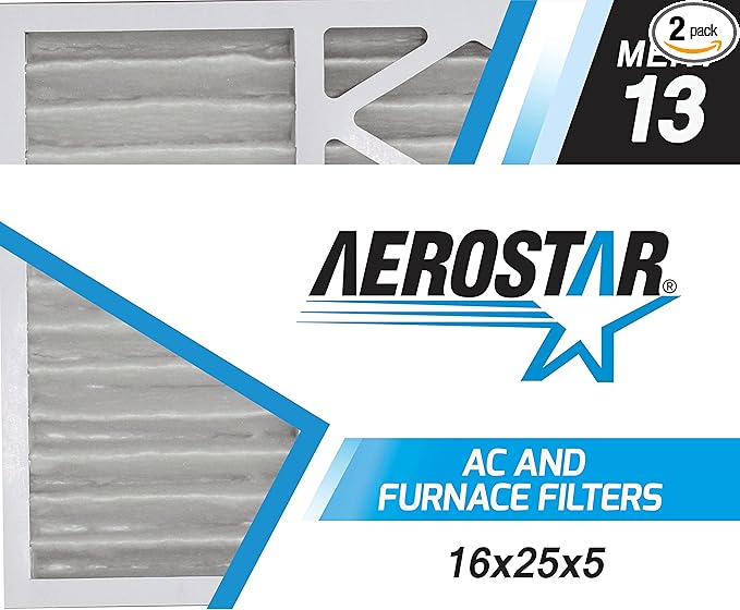 Aerostar 16x25x5 MERV 13 - 2 Count - Pleated HVAC, Furnace & Air Conditioner Filters - Removes Bacteria, Dust, Cold & Flu Germs, Lint, Mold, Pet Dander, Allergy-Causing Pollen, Smog, Smoke & Viruses