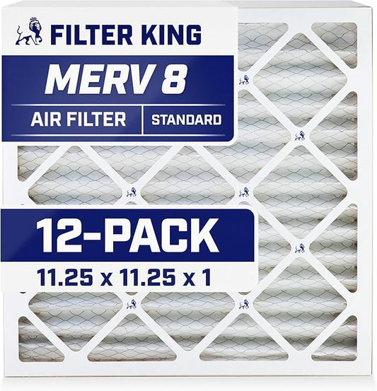 Filter King 11.25x11.25x1 Air Filter (MERV 8) (12-Pack) Dust & Allergy Control AC Furnace Filters, MADE IN USA, HVAC, Pleated, Electrostatic (Actual Size: : 11.25 x 11.25 x .75)