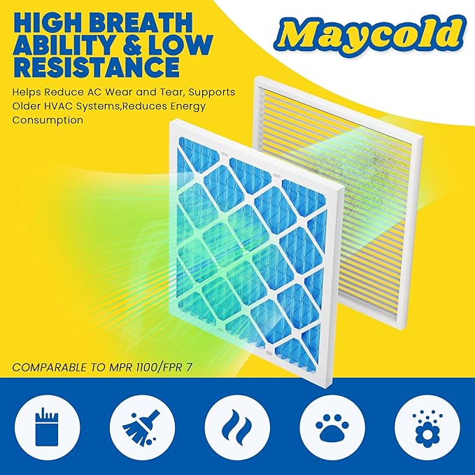 Maycold 10x10x1 MERV 11 Furnace Air Filter (6-Pack), High-Performance HVAC AC Filters for Home Use, Actual Size: 9.70” x 9.70” x 0.75”, Individually Wrapped in Plastic