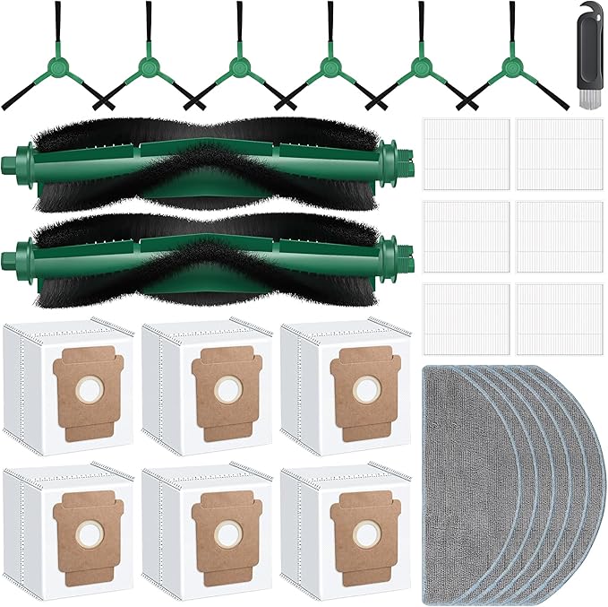 27 Pcs Replacement Parts for iRobot Roomba 104Combo/105 Vac/ 105 Combo/ Q052/ Q0520 Robot Vacuum, Include 2 Main Brushes, 6 Dust Bags, 6 Mop Pads, 6 Filters, 6 Side Brushes and 1 Cleaning Brush