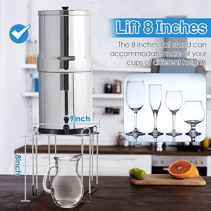 Dreyoo Water Filter Stand 8" Tall by 9" Wide Compatible with Berkey Water Filter System Countertop, Detachable Stainless Steel Stand for Most Medium Gravity Fed Drinking Fountain