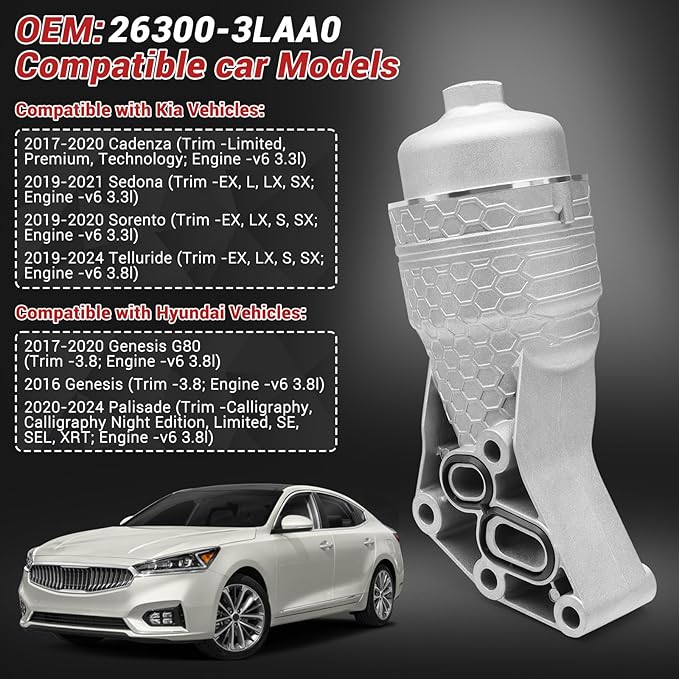 Aluminum Complete Oil Filter Housing Assembly Kit for 2016-2024 Hyundai Genesis G80 Palisade 2019-2024 Kia Sorento Cadenza Telluride Sedona 3.3L/3.8L V6 Engine, Replaces 26300-3LAA0