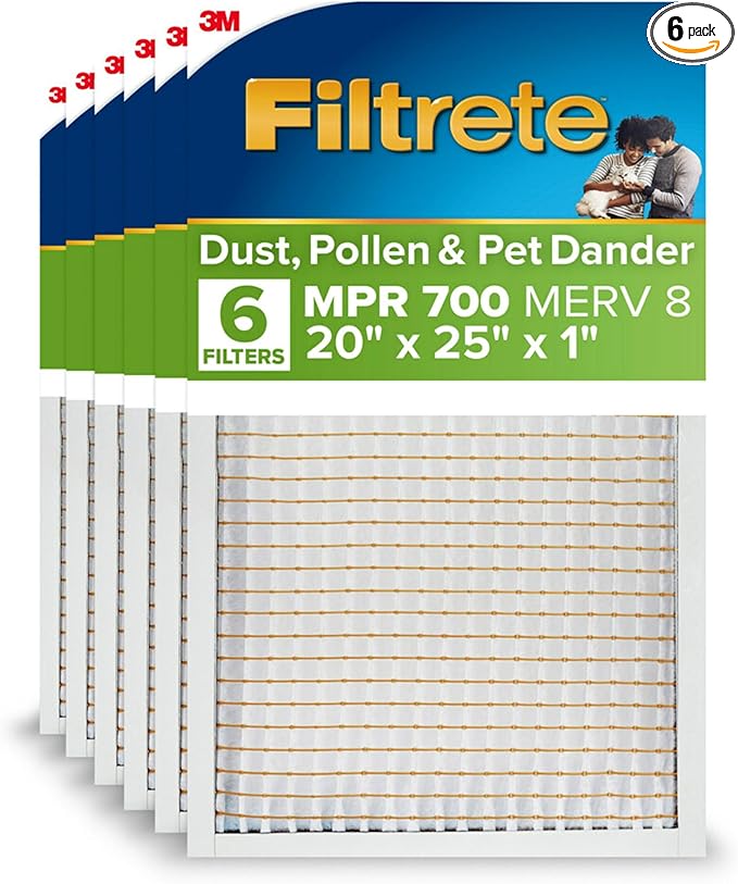 Filtrete 20x25x1 AC Furnace Air Filter, MPR 700, MERV 8, Tough on Pollen, Easy on Airflow, 3-Month Pleated 1-Inch Electrostatic Air Cleaning Filter, 6-Pack (Actual Size 19.69 x 24.69 x 0.81 in)