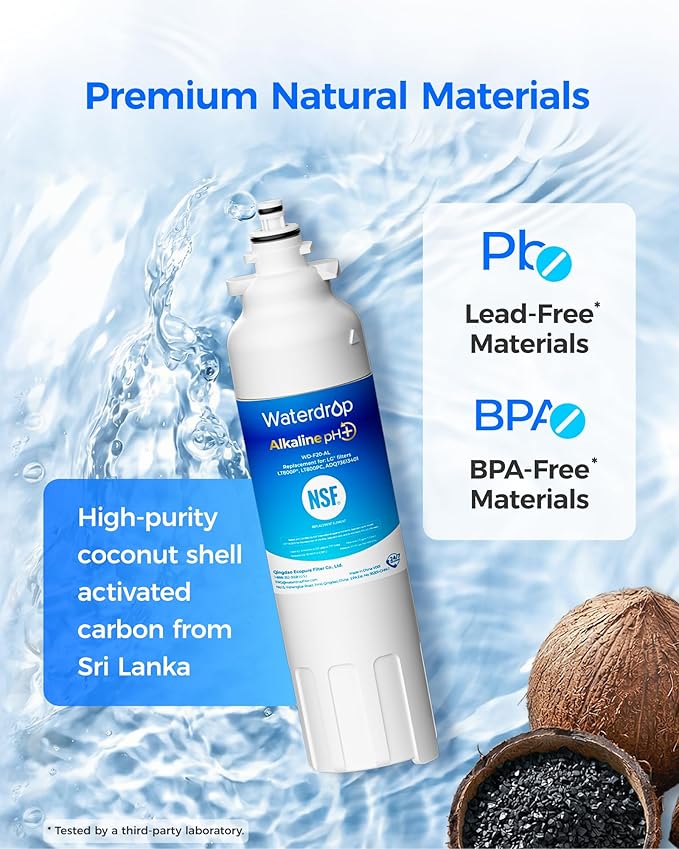 Waterdrop 𝐀𝐥𝐤𝐚𝐥𝐢𝐧𝐞 ADQ73613401 Water Filter, 𝐄𝐧𝐡𝐚𝐧𝐜𝐞𝐬 𝐩𝐇, Replacement for LG® LT800P®, ADQ73613402, ADQ75795104, LSXS26326S, LMXC23746S, LSXS26366S, LSXS26386D, 2 Filters