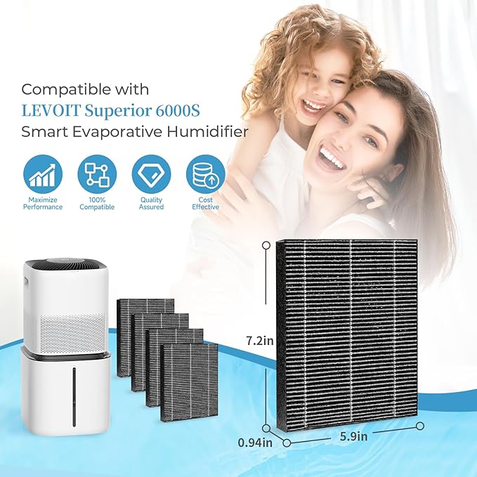 4-Pack 6000S Replacement Filter, Compatible with LEVOIT Superior 6000S Smart Evaporative Humidifier, for Large Particles and Minerals, Gray
