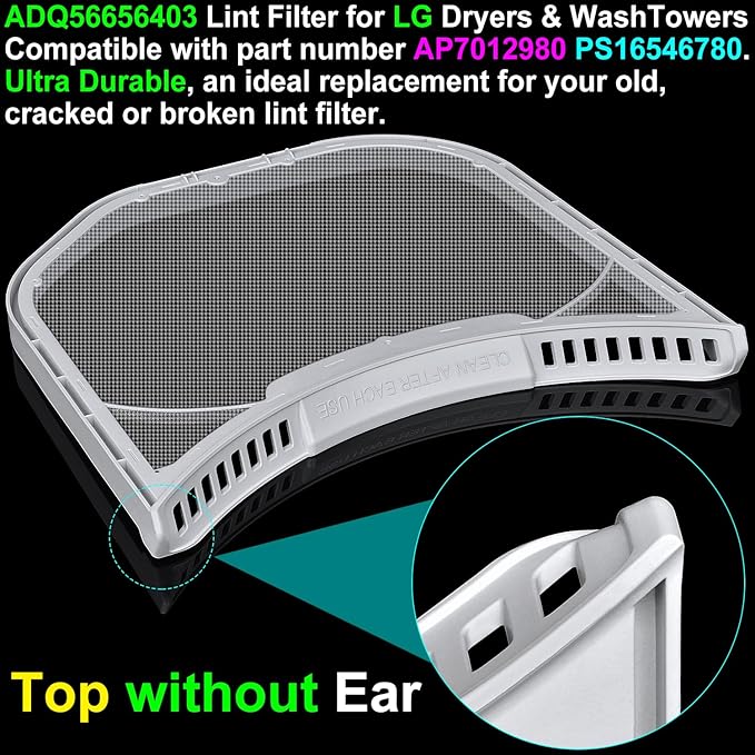 ADQ56656403 Lint Filter Replacement for LG Dryers & WashTowers, Ultra Durable Dryer Lint Screen Trap, Compatible with Part Number AP7012980 PS16546780