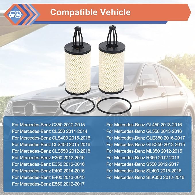 2 Pcs Engine Oil Filter Compatible With Mercedes-Benz Vehicle C, CLS, E, CLE, S, ML, SL Series, Replace #2761800009