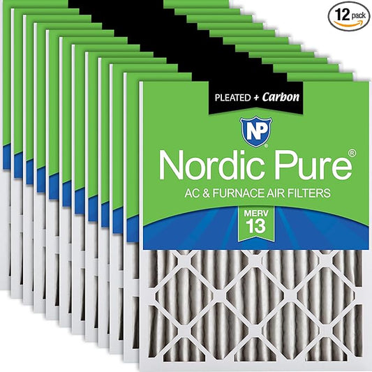 Nordic Pure 14x25x2 (Actual Size: 13 1/2 x 24 1/2 x 1 3/4) Pleated Air Filters MERV 13 Plus Carbon 12 Pack