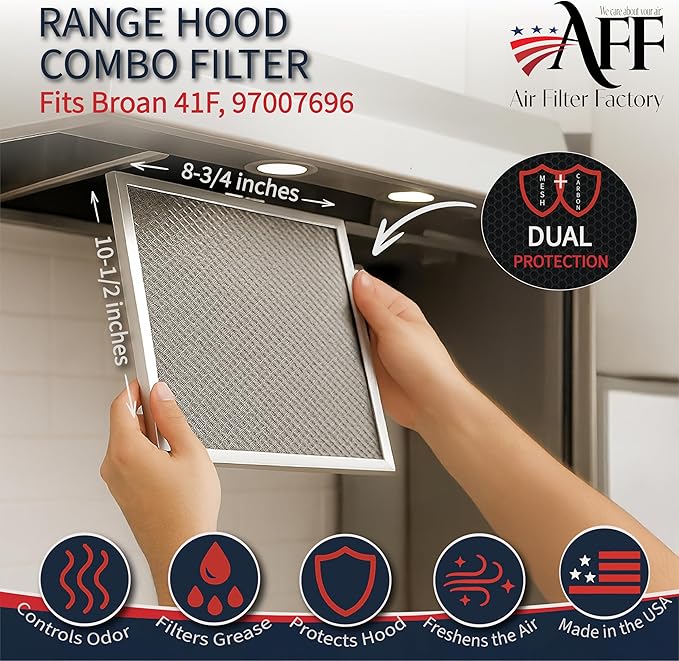 Air Filter Factory Stove Fan Filter 41F, 97007696, 97005687 Replacement For Broan Nutone Range Hood Grease Mesh Charcoal Carbon Combo Filter 8.75 x 10.5 x .44 Inches 2-Pack