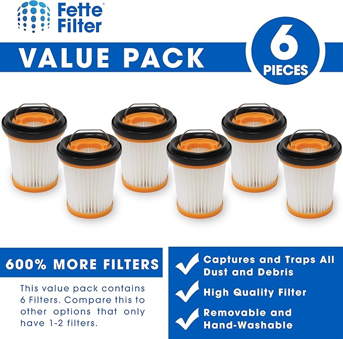 Fette Filter - Fabric Vacuum Filter Compatible with Shark ION W1 Cordless Handheld Vacuum WV200, WV201, WV205, WV220. Compare to Part # XHFWV200 (Pack of 6)