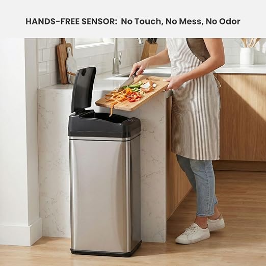 iTouchless 13 Gallon Automatic Sensor Kitchen Trash Can with AC Adapter, Deodorizer, and "Trash" Vinyl Sticker