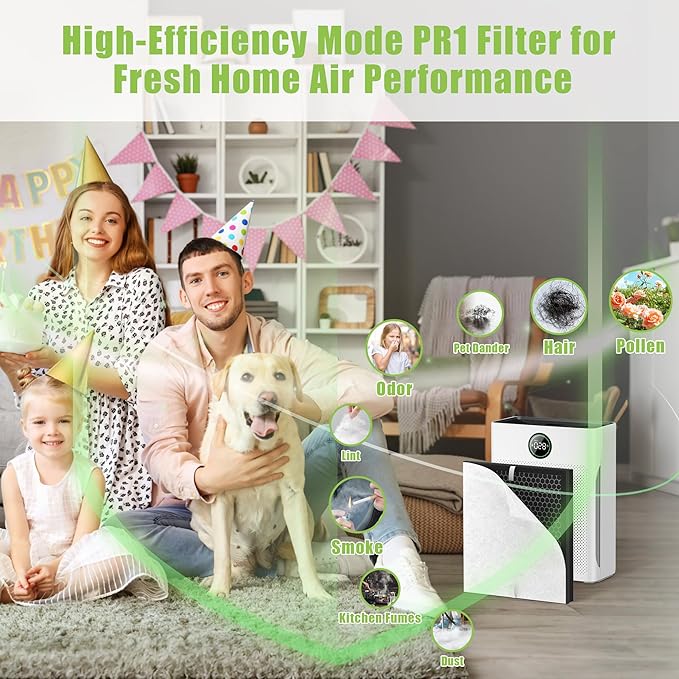 PR1 Replacement Filter Compatible wtih Mooka PR1 Air Purifier, 2 Pack H13 True HEPA Filter for Home Large Room up to 2200sq.ft Includes 4 Pcs Washable Pre Filters Removes Pollen Dander Smoke Pet Hair