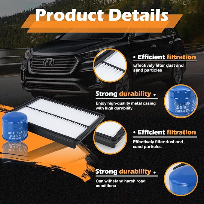 Kefly 28113-2W100 Engine Air Filter & 26300-35505 Oil Filter Fits for 2013-2018 Hyundai Santa Fe, 2013-2019 Santa Fe XL, 2013-2016 Santa Fe Sport