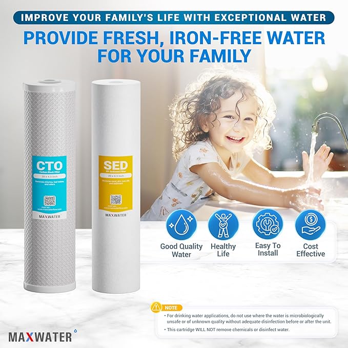 Max Water 5 Micron 20 x 4.5 Whole House Water Filter Replacement, 2-Stage Sediment & CTO Carbon Block Filters, Chlorine & Odor Reduction, Set of 2, Compatible with WGB22B