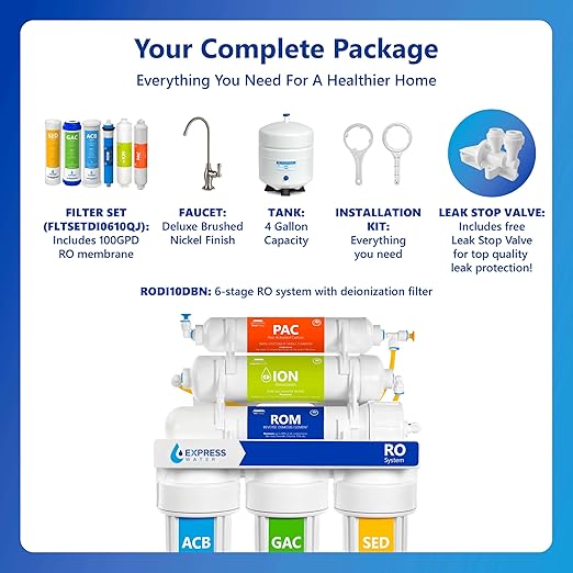 Express Water Reverse Osmosis Deionization Water Filtration System – 6 Stage RO Water Filter with Faucet and Tank – Under Sink Water Filter – with Deionization Water Filter – 100 GPD