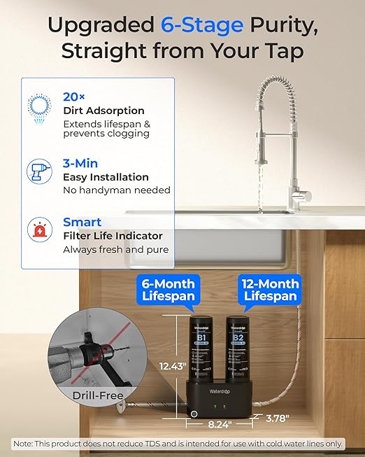 Waterdrop DLA Under Sink Water Filter, No Drilling Required, Reduces Chlorine, PFAS, Bad Taste/Odor, Under Sink Water Filtration System, Filter Life Indicator, 2 Stage, Quick Change