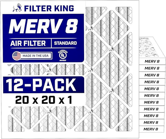 Filter King 20x20x1 Air Filter (MERV 8) (12-Pack) Dust & Allergy Control AC Furnace Filters, MADE IN USA, HVAC, Pleated, Electrostatic (Actual Size: 19.5 x 19.5 x .75)