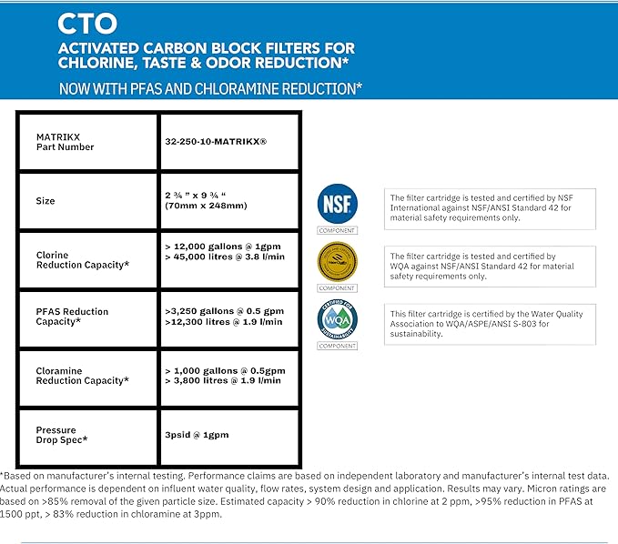 Matrikx 10 inch CTO Carbon Block Filter now with Chloramine Reduction, 2.5 inch x 10 inch, 32-250-10-MATRIKX, Gray