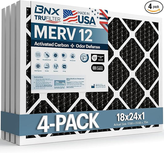 BNX TruFilter 18x24x1 MERV 12 Odor Defense (4-Pack) AC Furnace Air Filter with Activated Carbon - MADE IN USA - Pleated Air Conditioner HVAC AC Furnace Filters - Removes Odor, Mold, Bacteria, Smoke