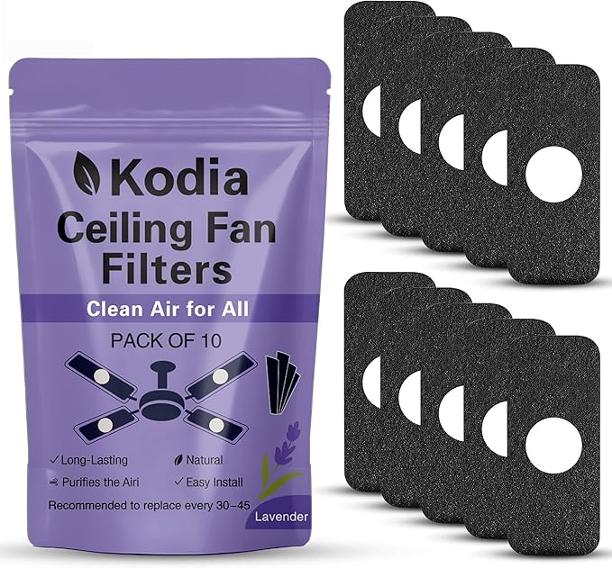 Kodia Ceiling Fan Filters for Blades – Activated Carbon Air Purifier Pads for Dust & Odor Control – Universal Fit Fan Filters with Lavender Scent – 10 Pack + 10 Deodorizing Tablets