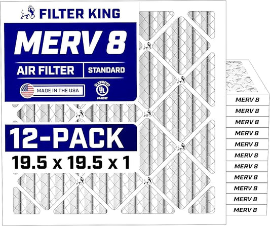 Filter King 19.5x19.5x1 Air Filter (MERV 8) (12-Pack) Dust & Allergy Control AC Furnace Filters, MADE IN USA, HVAC, Pleated, Electrostatic (Actual Size: 19.5 x 19.5 x .75)