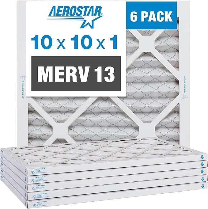 Aerostar 10x10x1 MERV 13 Air Filter, Pleated AC Furnace HVAC Filters (9.5x9.5x0.75), for Allergies Asthma Dust Pet Dander Pollen Smoke Bacteria, MPR 1200 FPR 7, USA, 6 Pack