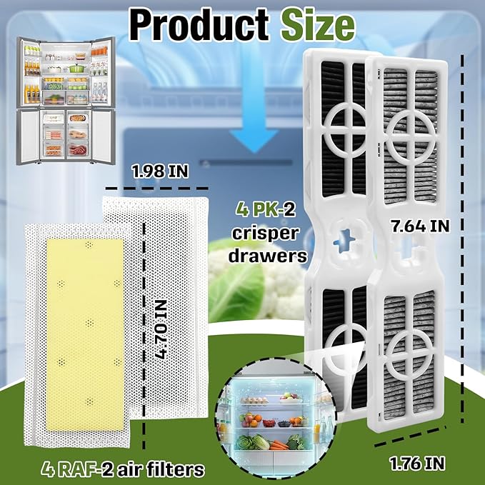 8-Pack PK-RAF-2 Air Filters (FRGPAAF2) and Produce Keeper Plus (FRPAPK2RF) Compatible with FRIGIDAIRE Gallery GRMG2272BF, GRMC2273CF02 GRMN2872AF, GRMS2773AF, GRMC2273CF01, GRMC2273CD
