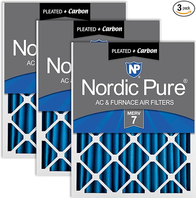 Nordic Pure 20x20x2 (19 1/2 x 19 1/2 x 1 3/4) Pleated Air Filters MERV 7 Plus Carbon 3 Pack