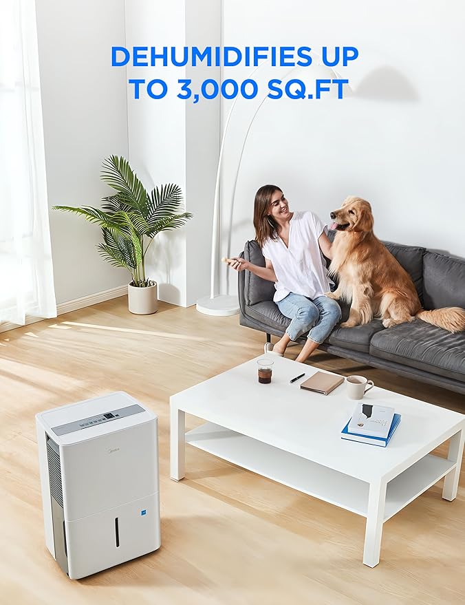 Midea 3,000 Sq. Ft. Dehumidifier for Basement, With Reusable Air Filter 35 Pint - Ideal For Basements, Large & Medium Sized Rooms, And Bathrooms (White)
