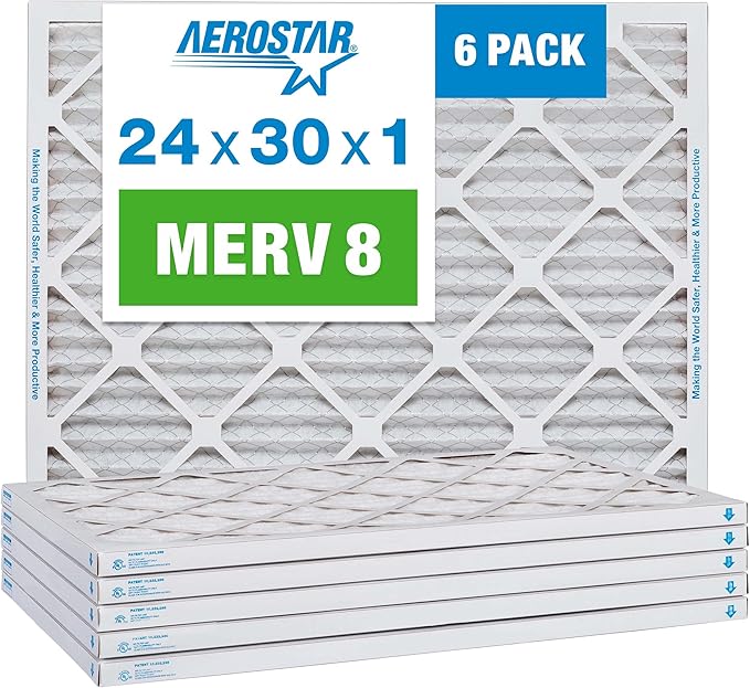 Aerostar 24x30x1 MERV 8 Air Filter, Pleated AC Furnace HVAC Filters (23.5x29.5x0.75), Electrostatically Charged for Allergies Dust Pet Dander Pollen Mold Lint, MPR 600 FPR 5, USA, 6 Pack