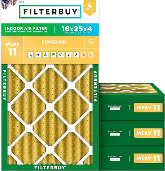 Filterbuy 16x25x4 Air Filter MERV 11 Superior Pet & Allergy Defense (4-Pack), Electrostatic Pleated HVAC AC Furnace Filters Replacement (Actual Size: 15.50 x 24.50 x 3.63)