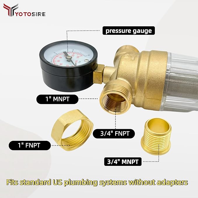 Spin Down Sediment Water Filter System with Pressure Gauge, 100 Micron Stainless Steel filter Mesh Pre-Filter for City/Well Water, 1" MNPT & 3/4" FNPT/MNPT Ports, Easy Backwash Cleaning